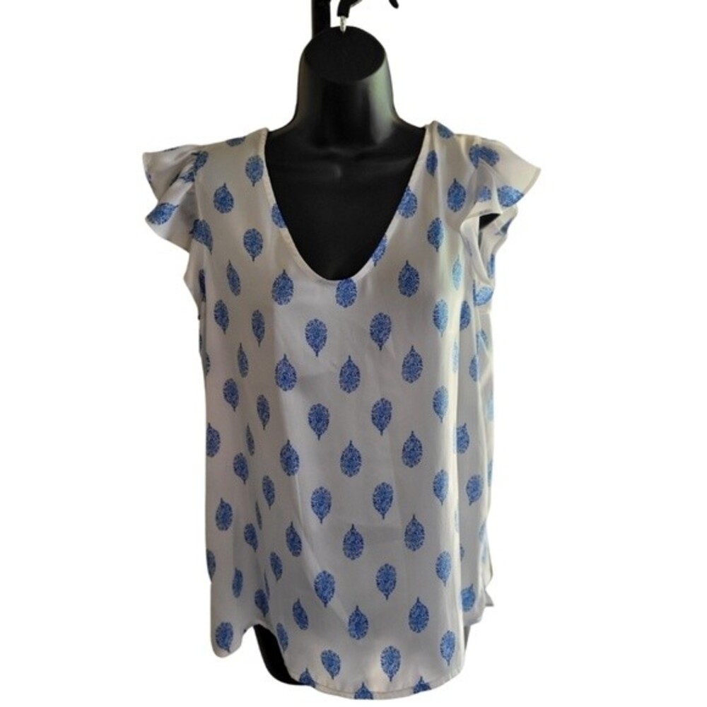 Liz Claiborne Petite Blue and White Flutter Sleeve Scoop Neck Blouse Size Medium